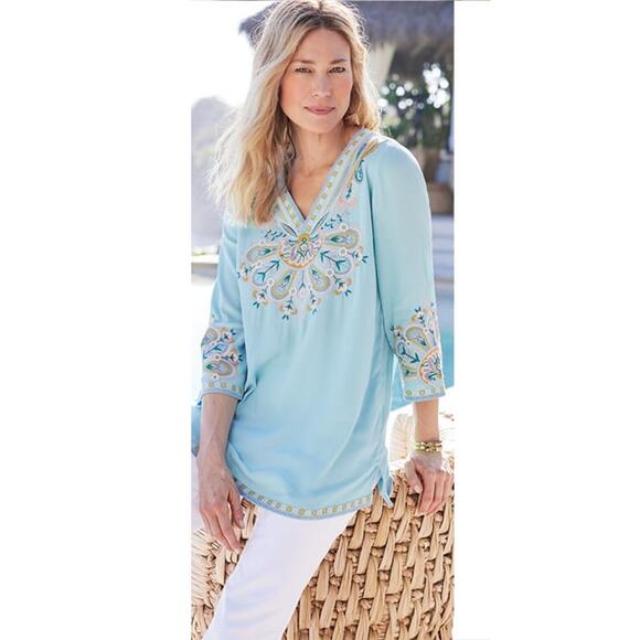 Soft Surroundings Blue River Island Embroidered Tunic 3/4 Sleeve Plus Size 2X - Picture 15 of 16
